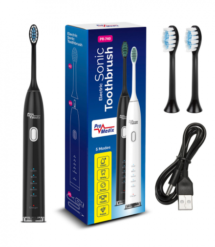 Szczoteczka soniczna do zębów Promedix, kolor czarny,, 5 trybów, timer, wskaźnik poziomu nał. baterii, 2 końcówki, kabel USB, P ProMedix CEN-70991