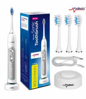 Szczoteczka soniczna do zębów Promedix, kolor biały, etui podróżne, 5 trybów, timer, 3 poziomy mocy, 3 końcówki, PR-750 W ProMedix CEN-57062