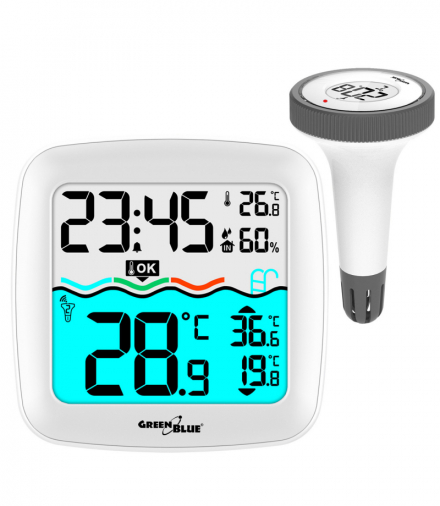 Stacja pogodowa z termometrem basenowym , zasięg 60m, czujnik pływający, temperatura, godzina, kalendarz, DCF, GB216 GreenBlue CEN-75600