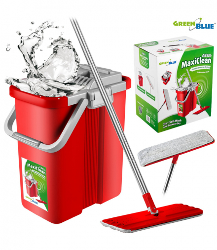 Mop płaski z wiadrem i wyciskaczem , dwa wkłady microfibra HQ, pojemność 8L, MaxiClean GB850 GreenBlue CEN-55005