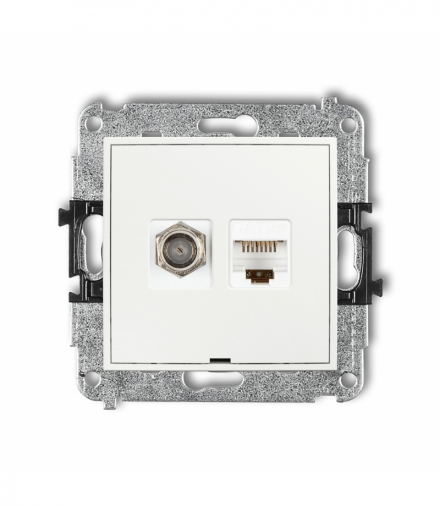 MINI Gniazdo antenowe typu F (SAT) + komputerowe 1xRJ45, kat. 5e, 8-stykowy, bez pola opisowego, biały Karlik MGFKBO-1