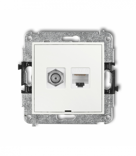 MINI Gniazdo antenowe typu F (SAT) + komputerowe 1xRJ45, kat. 6, 8-stykowy, bez pola opisowego, biały Karlik MGFKBO-3