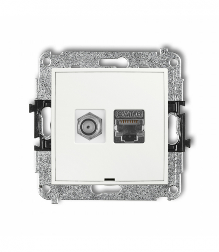 MINI Gniazdo antenowe typu F (SAT) + komputerowe 1xRJ45, kat. 6 ekranowany, 8-stykowy, bez pola opisowego, biały Karlik MGFKBO-5