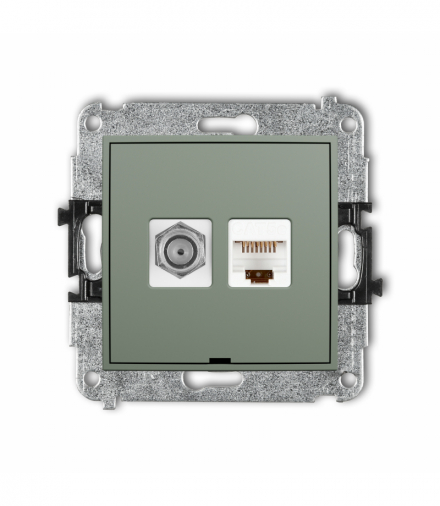 MINI Gniazdo antenowe typu F (SAT) + komputerowe 1xRJ45, kat. 5e, 8-stykowy, bez pola opisowego, szałwiowy Karlik 61MGFKBO-1