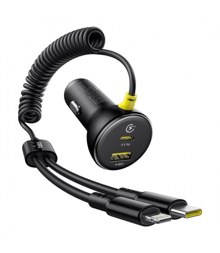 Okrągła plastikowa ładowarka samochodowa Baseus (U+C) + kabel C&L 60W Czarny TFO BRA014393