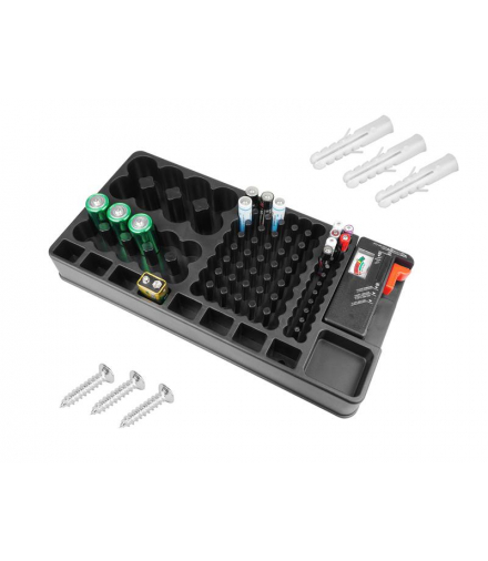 Organizer na baterie z testerem, 98 baterii (AA, AAA, 9V, R14, R20, guzikowe). LXMW098
