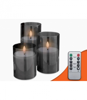 Ozdobne świece LED szkło dymione, zestaw 3 sztuki+ pilot ML91