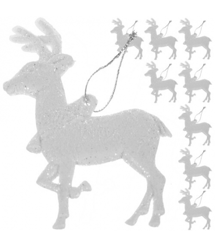 Bombki choinkowe, białe, brokatowe renifery 9szt. Ruhhy 22517