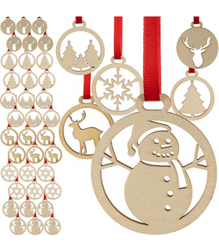 Bombki drewniane, różne wzory, 36szt. Ruhhy 24855