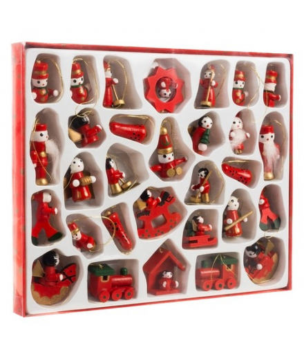 Zestaw 30szt. bombki choinkowe, zawieszki drewniane, RUHHY 22217