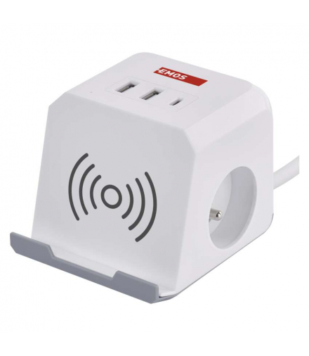 Przedłużacz - kostka 2m, 2 gniazda, biały, 2×USB-A + 1×USB-C+Qi, 1,5 mm2 EMOS P0212CQ