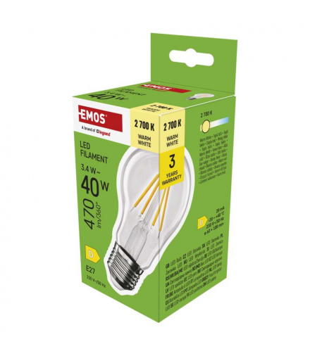 Żarówka LED Filament A60 E27 3,4 W (40 W) 470 lm 470 lm ciepła biel EMOS ZF5D22