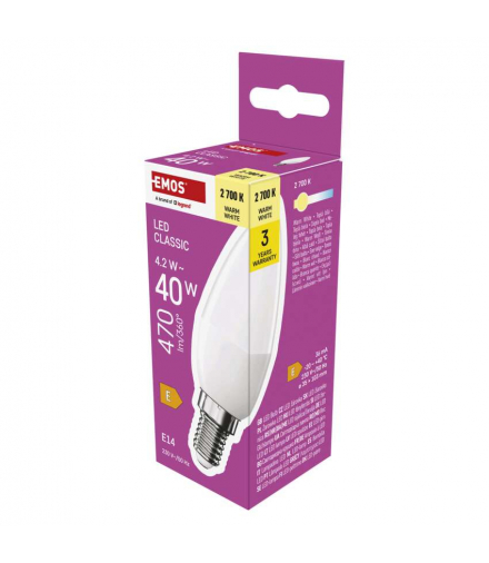 Żarówka LED Classic świeczka  E14 4,2 W (40 W) 470 lm ciepła biel EMOS ZQ3E21