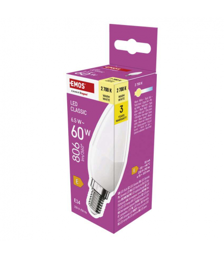 Żarówka LED Classic świeczka  E14 6,5 W (60 W) 806 lm ciepła biel EMOS ZQ3E41