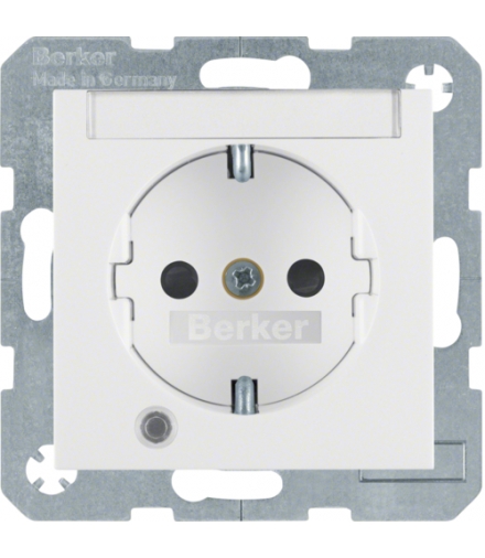 Gniazdo z uziemieniem SCHUKO z diodą kontrolną LED i polem opisowym biały