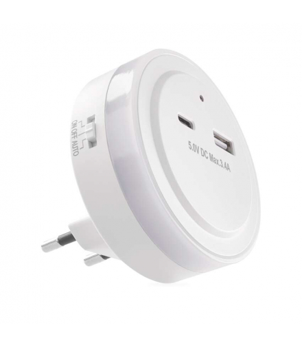 Ładowarka USB-A + USB-C, 5V, 3,4A, z lampką nocna LED do gniazdka 230V z czujnikiem zmierzchowym, 3× LED EMOS P3323