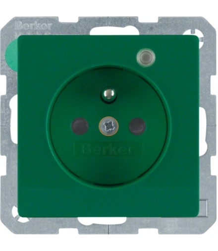Q.x Gniazdo z uziemieniem z diodą kontrolną LED, z podwyższoną ochroną styków, zielony, aksamit Berker 6765096013