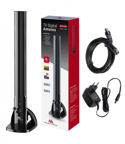 Antena TV DVB-T/T2 HEVC Maclean, wewnętrzna, tubowa LTE, filtr 5G, max poziom wyjściowy 100dB V, MCTV-930 Maclean CEN-58623