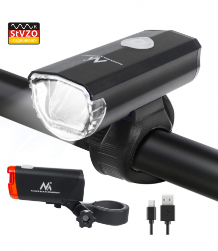 Oświetlenie rowerowe LED Maclean, przód+tył, 2 tryby, wbudowany akumulator, 1500mAh, tył 2xAAA, certyfikat StVZO, MCE312 Maclean CEN-66611