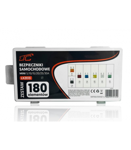 Zestaw bezpiecznikow samochodowych MINI 5/10/15/20/25/30A 180szt. BOX LXZE13