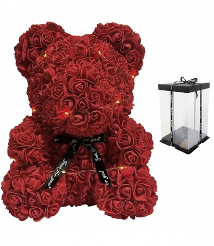 BQ5B Miś z róż z sercem, na prezent, walentynki 25cm czerwony LED ATL BQ54B