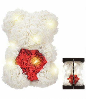 Miś z róż z sercem, na prezent, walentynki 25cm biało-czerwony LED ATL BQ54C