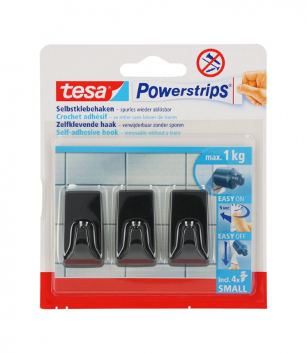 Haczyki samoprzylepne powerstrips 3 szt. prostokątne, małe, czarne Tesa H5827800