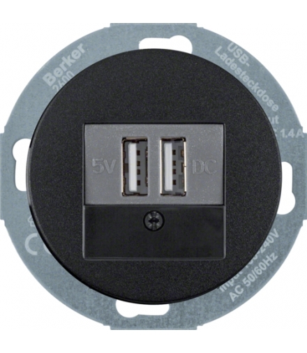 R.classic/Serie 1930/Glas Gniazdo ładowania USB 230V z płytką czołową, czarny, połysk Berker 26002045