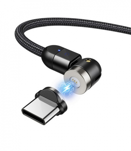 Magnetyczny kabel Maclean, Kątowy, Wspiera Fast Charging, USB C 3w1, 9V/2A, 5V/3A, Nylonowy oplot w kolorze czarnym, 2m, MCE47 Maclean CEN-70312