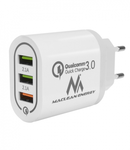 Ładowarka sieciowa Maclean, Qualcomm Quick Charge, QC 3.0 - 3.6-6V/3A, 6-9V/2A, 9-12V/1.5A, 2 gniazda 5V/2.1A, Biała, MCE479 W Maclean CEN-70309