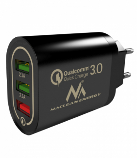 Ładowarka sieciowa Maclean, Qualcomm Quick Charge, QC 3.0 - 3.6-6V/3A, 6-9V/2A, 9-12V/1.5A, 2 gniazda 5V/2.1A, Czarna, MCE479 B Maclean CEN-70310