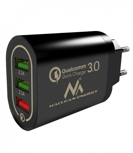 Ładowarka sieciowa Maclean, Qualcomm Quick Charge, QC 3.0 - 3.6-6V/3A, 6-9V/2A, 9-12V/1.5A, 2 gniazda 5V/2.1A, Czarna, MCE479 B Maclean CEN-70310