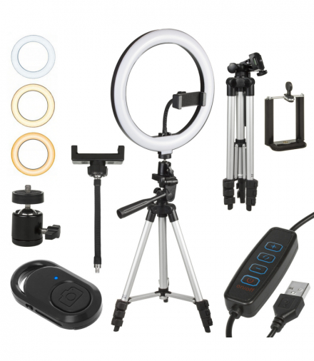 Lampa pierścieniowa LED Maclean,ze statywem, 1,1m, 10", 12W, samowyzw. BT, barwy 3000K-6500K jasności 10-100%, MCE610 Maclean CEN-71700