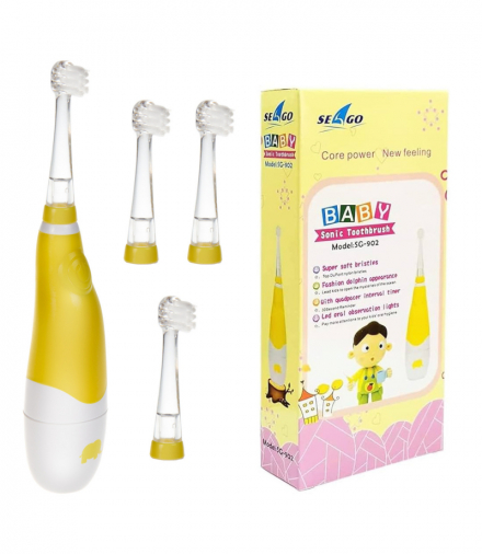 Szczoteczka soniczna dla dzieci SEAGO, kolor żółty, 1xAAA 1,5V (brak w zestawie), 4 końcówki, SG-902 Yellow SEAGO CEN-85310
