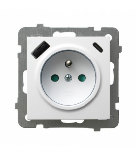 AS GP-1GZPUSBAC/m/00 Gniazdo pojedyncze z uziemieniem z przesłonami torów prądowych, z ładowarką USB A+C Biały Ospel
