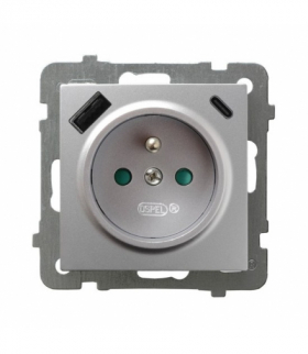 AS GP-1GZPUSBAC/m/18 Gniazdo pojedyncze z uziemieniem z przesłonami torów prądowych, z ładowarką USB A+C Srebro Ospel
