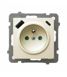 AS GP-1GZPUSBAC/m/27 Gniazdo pojedyncze z uziemieniem z przesłonami torów prądowych, z ładowarką USB A+C Ecru Ospel