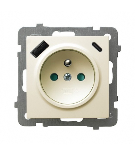 AS GP-1GZPUSBAC/m/27 Gniazdo pojedyncze z uziemieniem z przesłonami torów prądowych, z ładowarką USB A+C Ecru Ospel