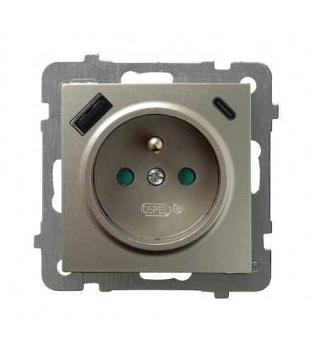 AS GP-1GZPUSBAC/m/45 Gniazdo pojedyncze z uziemieniem z przesłonami torów prądowych, z ładowarką USB A+C Satyna Light Ospel