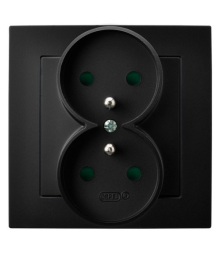 AS GP-2GZP/33 Gniazdo podwójne z uziemieniem z przesłonami torów prądowych, kompletne z ramką Czarny Metalik Ospel