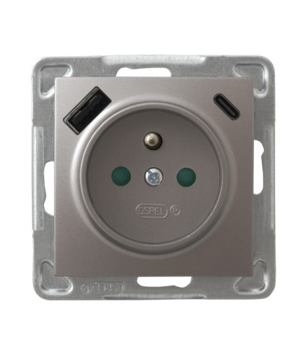 IMPRESJA GP-1YZPUSBAC/m/23 Gniazdo pojedyncze z uziemieniem z przesłonami torów prądowych, z ładowarką USB A+C Tytan Ospel