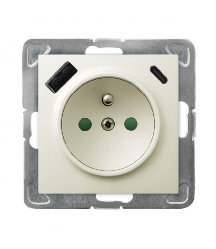 IMPRESJA GP-1YZPUSBAC/m/27 Gniazdo pojedyncze z uziemieniem z przesłonami torów prądowych, z ładowarką USB A+C Ecru Ospel