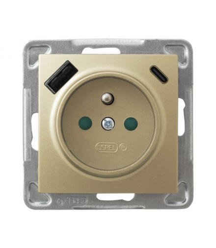 IMPRESJA GP-1YZPUSBAC/m/28 Gniazdo pojedyncze z uziemieniem z przesłonami torów prądowych, z ładowarką USB A+C Złoty Metalik Ospel