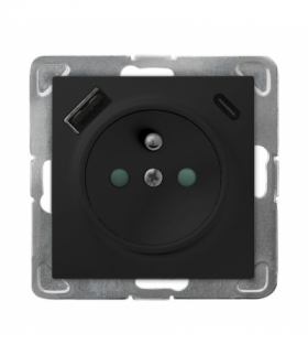 IMPRESJA GP-1YZPUSBAC/m/33 Gniazdo pojedyncze z uziemieniem z przesłonami torów prądowych, z ładowarką USB A+C Czarny Metalik Ospel