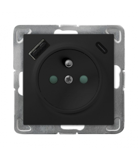 IMPRESJA GP-1YZPUSBAC/m/33 Gniazdo pojedyncze z uziemieniem z przesłonami torów prądowych, z ładowarką USB A+C Czarny Metalik Ospel