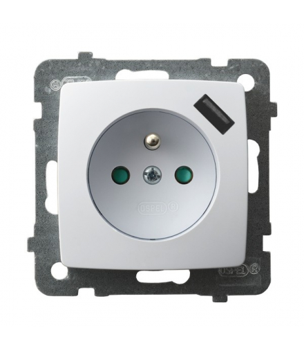 KARO GP-1SZPUSB/m/00 Gniazdo pojedyncze z uziemieniem z przesłonami torów prądowych, z ładowarką USB Biały Ospel