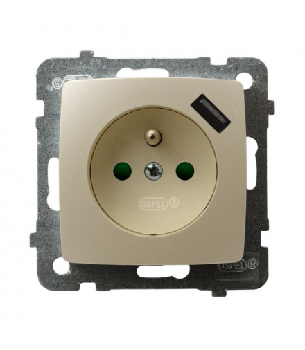 KARO GP-1SZPUSB/m/42 Gniazdo pojedyncze z uziemieniem z przesłonami torów prądowych, z ładowarką USB Ecru Perłowy Ospel