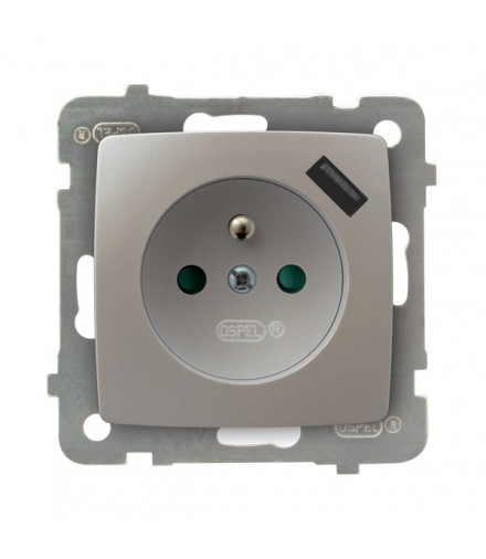 KARO GP-1SZPUSB/m/43 Gniazdo pojedyncze z uziemieniem z przesłonami torów prądowych, z ładowarką USB Srebrny Perłowy Ospel