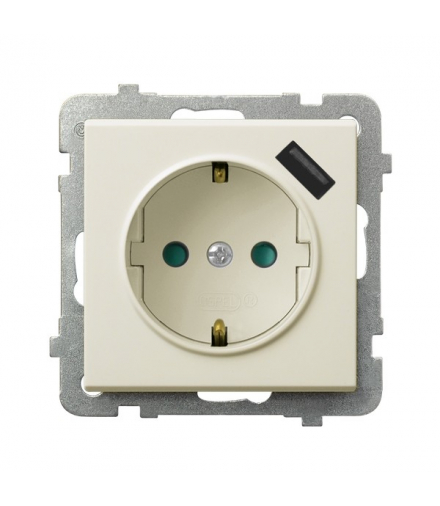 SONATA GP-1RSPUSB/m/27 Gniazdo pojedyncze z uziemieniem schuko z przesłonami torów prądowych, z ładowarką USB Ecru Ospel