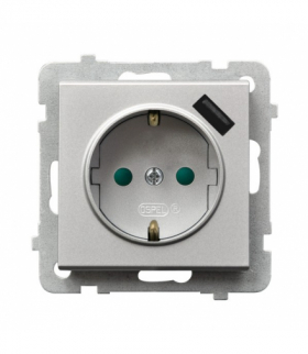 SONATA GP-1RSPUSB/m/38 Gniazdo pojedyncze z uziemieniem schuko z przesłonami torów prądowych, z ładowarką USB Srebro Mat Ospel